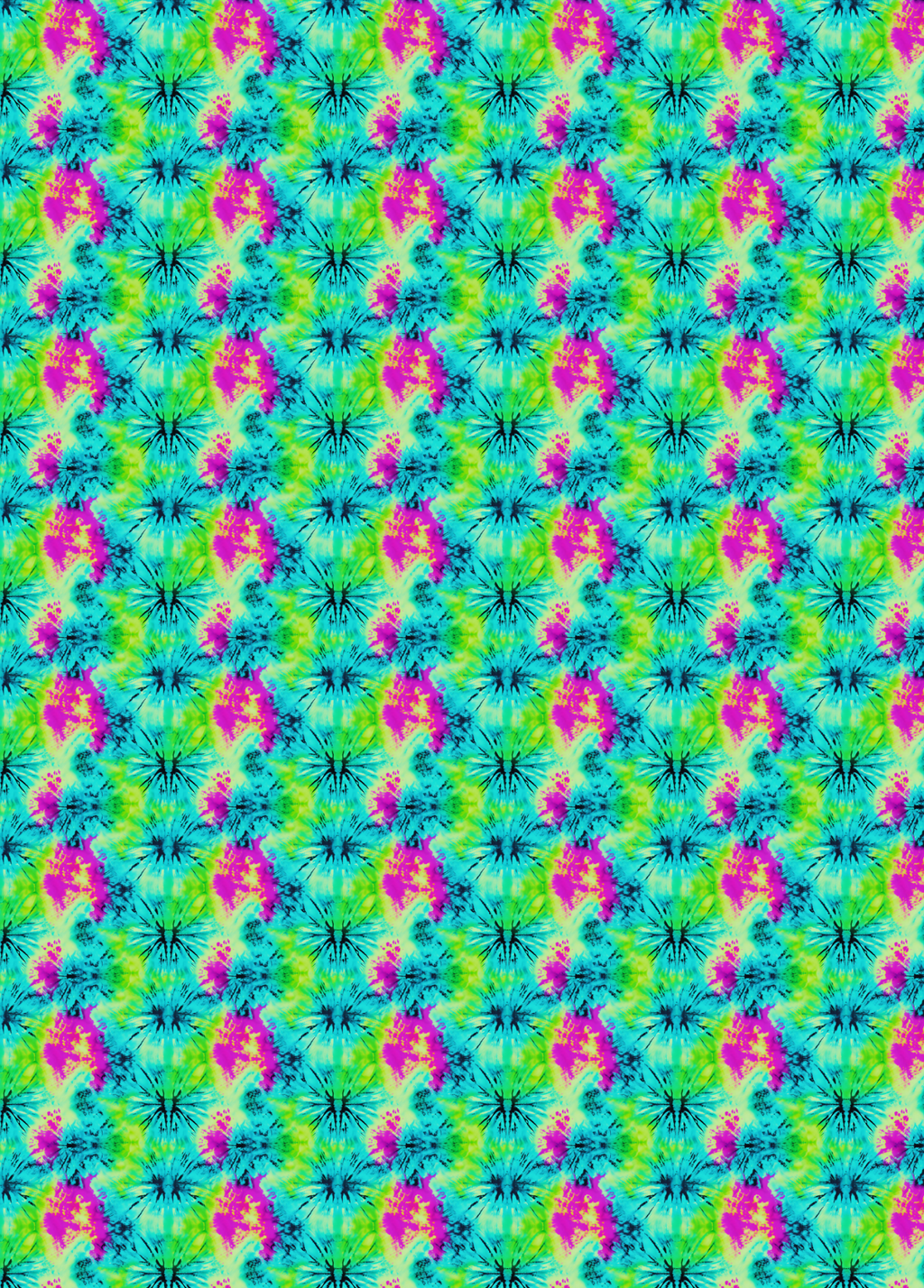 tubie tape with a seamless tie-dye pattern featuring vibrant green, cyan blue, and magenta pink starburst motifs arranged in a repeating geometric grid.