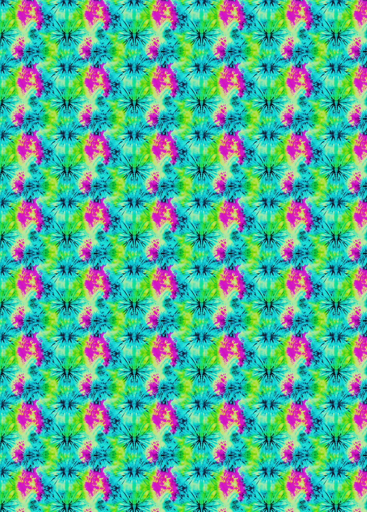 tubie tape with a seamless tie-dye pattern featuring vibrant green, cyan blue, and magenta pink starburst motifs arranged in a repeating geometric grid.