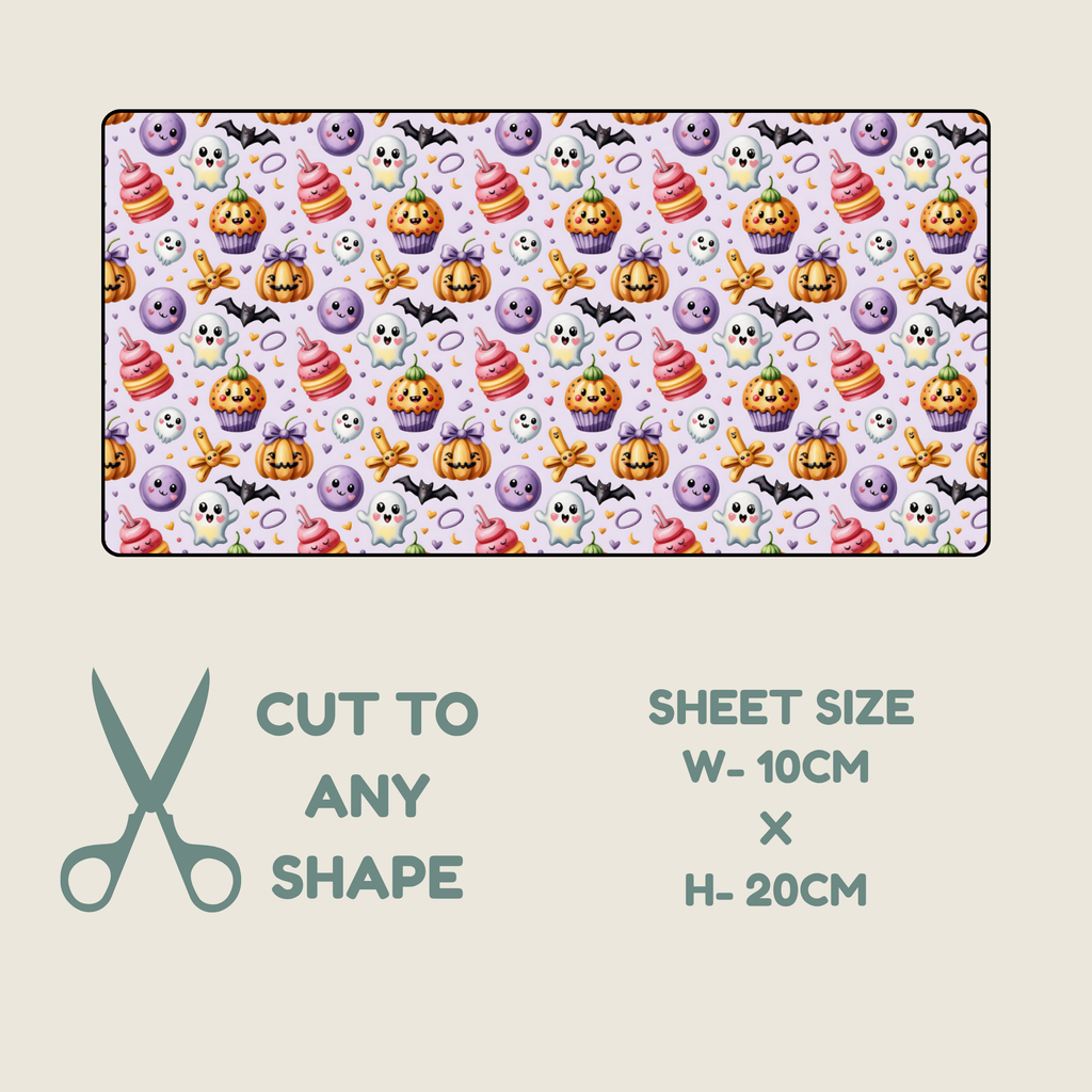 Tubie tape with a repeating Halloween pattern of pumpkins, cupcakes, ghosts, bats, and stars on a pale lavender background, shown on a beige backdrop with text reading 'CUT TO ANY SHAPE' and 'SHEET SIZE W-10CM X H-20CM'.