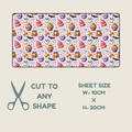 Tubie tape with a repeating Halloween pattern of pumpkins, cupcakes, ghosts, bats, and stars on a pale lavender background, shown on a beige backdrop with text reading 'CUT TO ANY SHAPE' and 'SHEET SIZE W-10CM X H-20CM'.