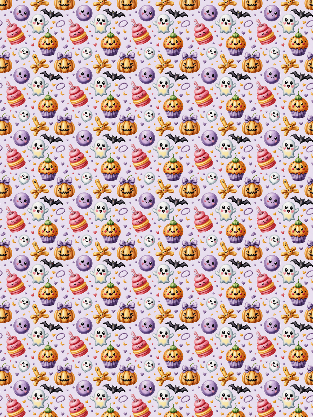 Tubie tape with a repeating Halloween-themed pattern featuring orange jack-o'-lanterns, purple cupcakes, white skulls and ghosts, black bats, and orange stars on a light lavender background.