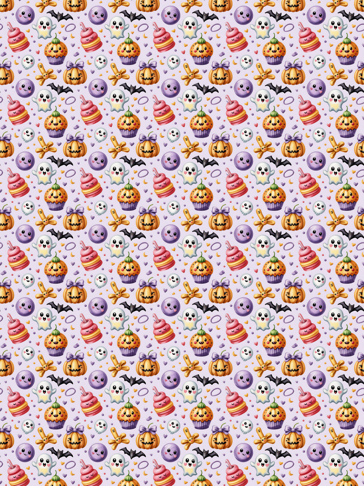 Tubie tape with a repeating Halloween-themed pattern featuring orange jack-o'-lanterns, purple cupcakes, white skulls and ghosts, black bats, and orange stars on a light lavender background.