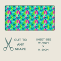 tubie tape  with a colorful tie-dye style floral pattern in turquoise, green, pink, and purple, shown on a light beige background with text reading 'CUT TO ANY SHAPE' and 'SHEET SIZE W-10CM x H-20CM'.