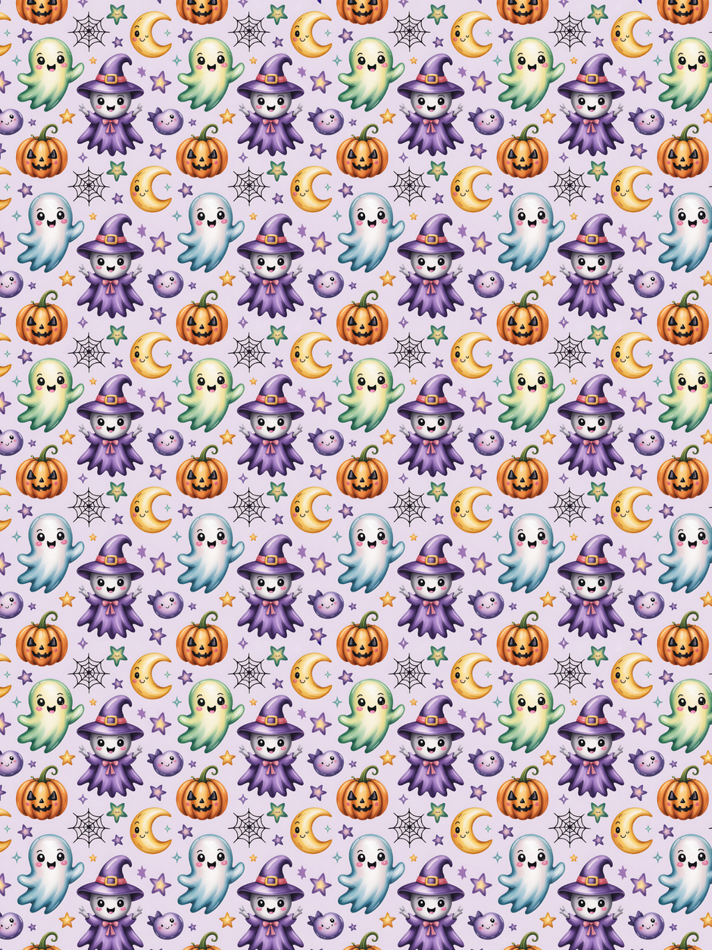 Tubie tape with a repeating  Halloween pattern on a light lavender background, featuring cute cartoon ghosts, purple witches, orange pumpkins, yellow crescent moons, spiderwebs, and small stars.