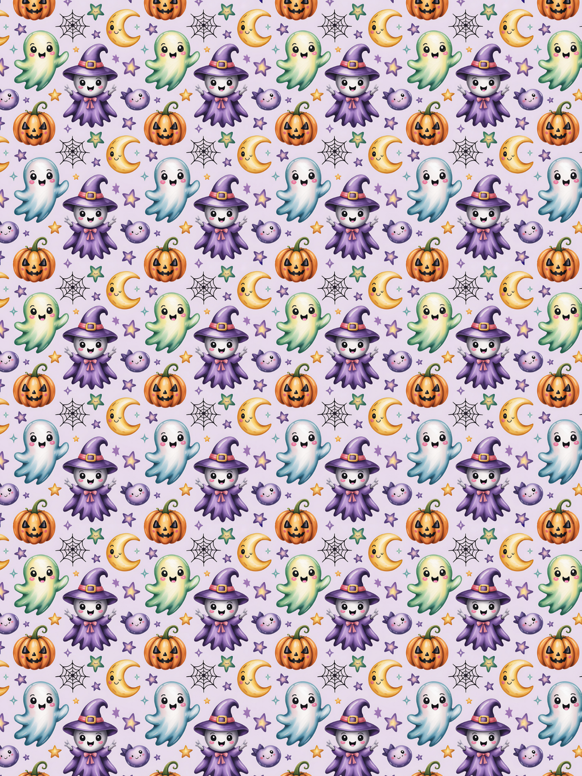 Tubie tape with a repeating  Halloween pattern on a light lavender background, featuring cute cartoon ghosts, purple witches, orange pumpkins, yellow crescent moons, spiderwebs, and small stars.