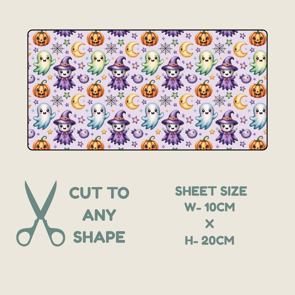 Tubie tape with a repeating cartoon ghosts, witches, pumpkins, moons, and spiderwebs on a light lavender background, shown with text indicating the sheet can be cut to any shape and dimensions 10cm by 20cm.