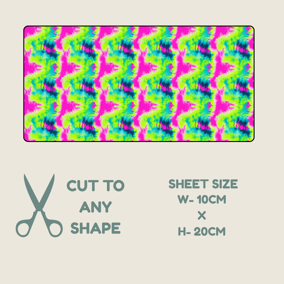 tubie tape with a bright tie-dye pattern in pink, green, blue, and purple, shown above text stating 'CUT TO ANY SHAPE' and 'SHEET SIZE W-10CM X H-20CM' on a light beige background.