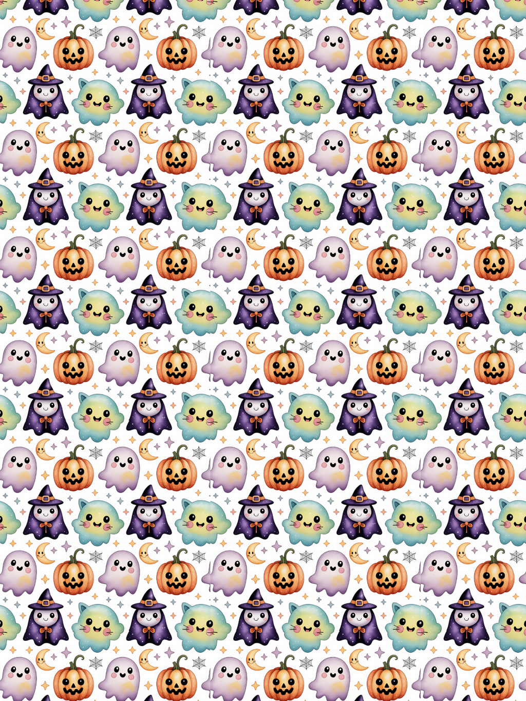 Tubie tape with a repeating  Halloween pattern featuring cute cartoon pumpkins, ghosts, witches, and moons on a white background.