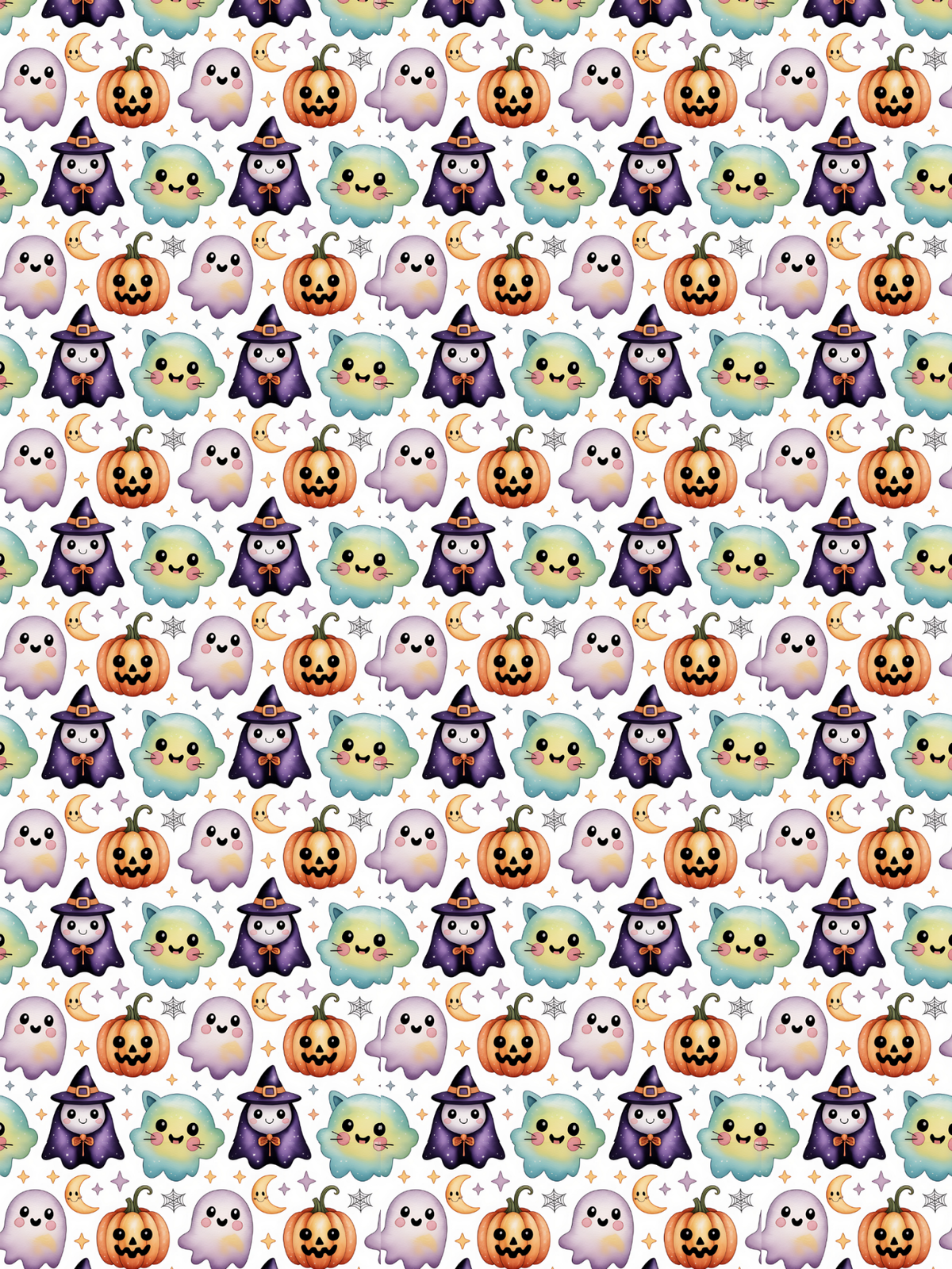 Tubie tape with a repeating  Halloween pattern featuring cute cartoon pumpkins, ghosts, witches, and moons on a white background.