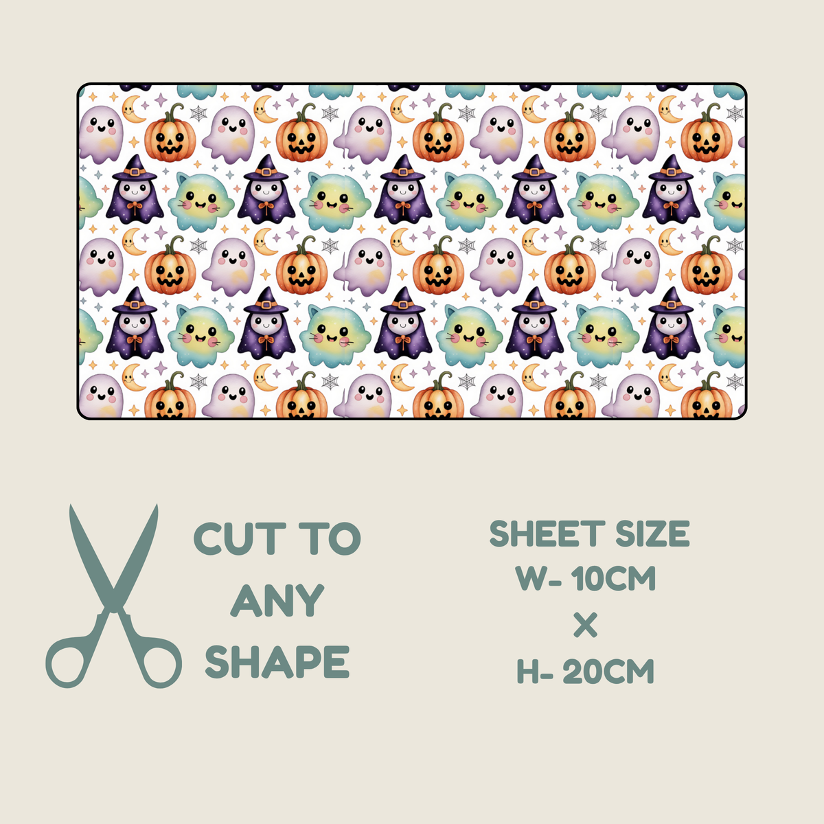 Tubie tape shown on a light beige background, with text below reading 'CUT TO ANY SHAPE', 'SHEET SIZE W-10CM X H-20CM', and a scissors icon. The top panel shows a repeating pattern of smiling pumpkins, ghosts, ghosts in purple witch hats, and pale blue ghosts on a white base.