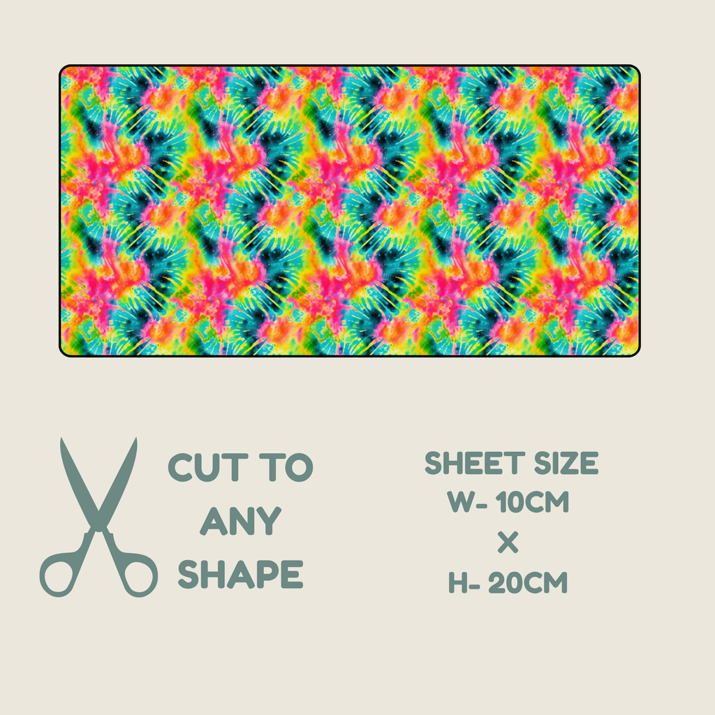 Tuie tape with a  seamless repeating pattern featuring a vibrant, psychedelic tie-dye design with bright pink, yellow, green, and blue colors radiating from central motifs.