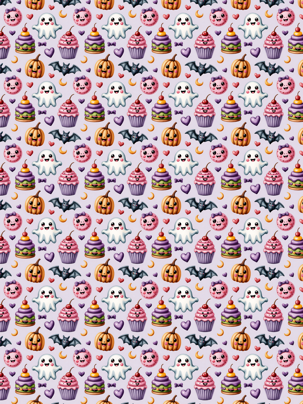 Tubie tape with a repeating Halloween-themed pattern featuring cute cartoon cupcakes with pink frosting, orange pumpkins, white ghosts, black bats, purple hearts, and small orange moons on a pale lavender background.