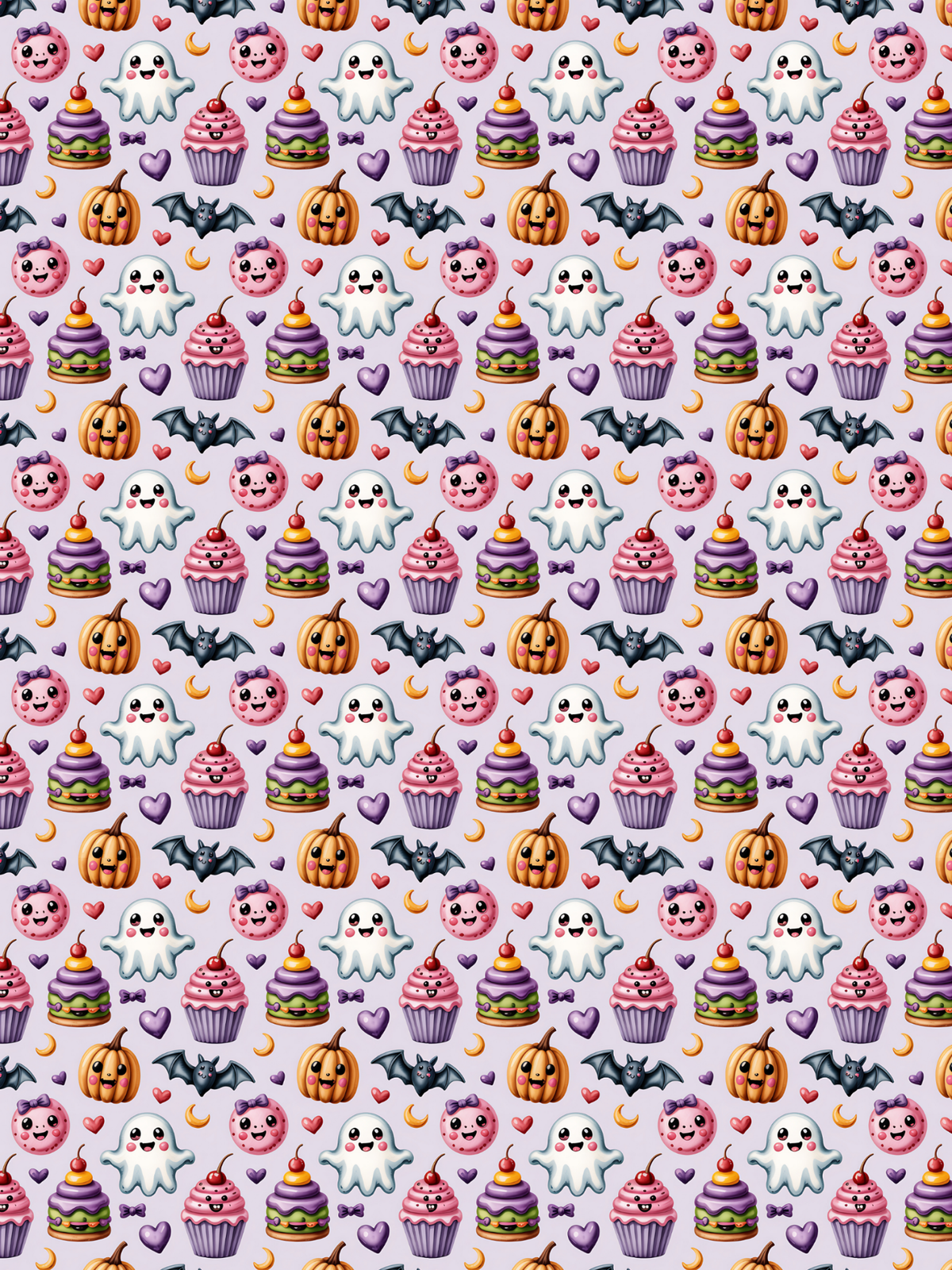 Tubie tape with a repeating Halloween-themed pattern featuring cute cartoon cupcakes with pink frosting, orange pumpkins, white ghosts, black bats, purple hearts, and small orange moons on a pale lavender background.