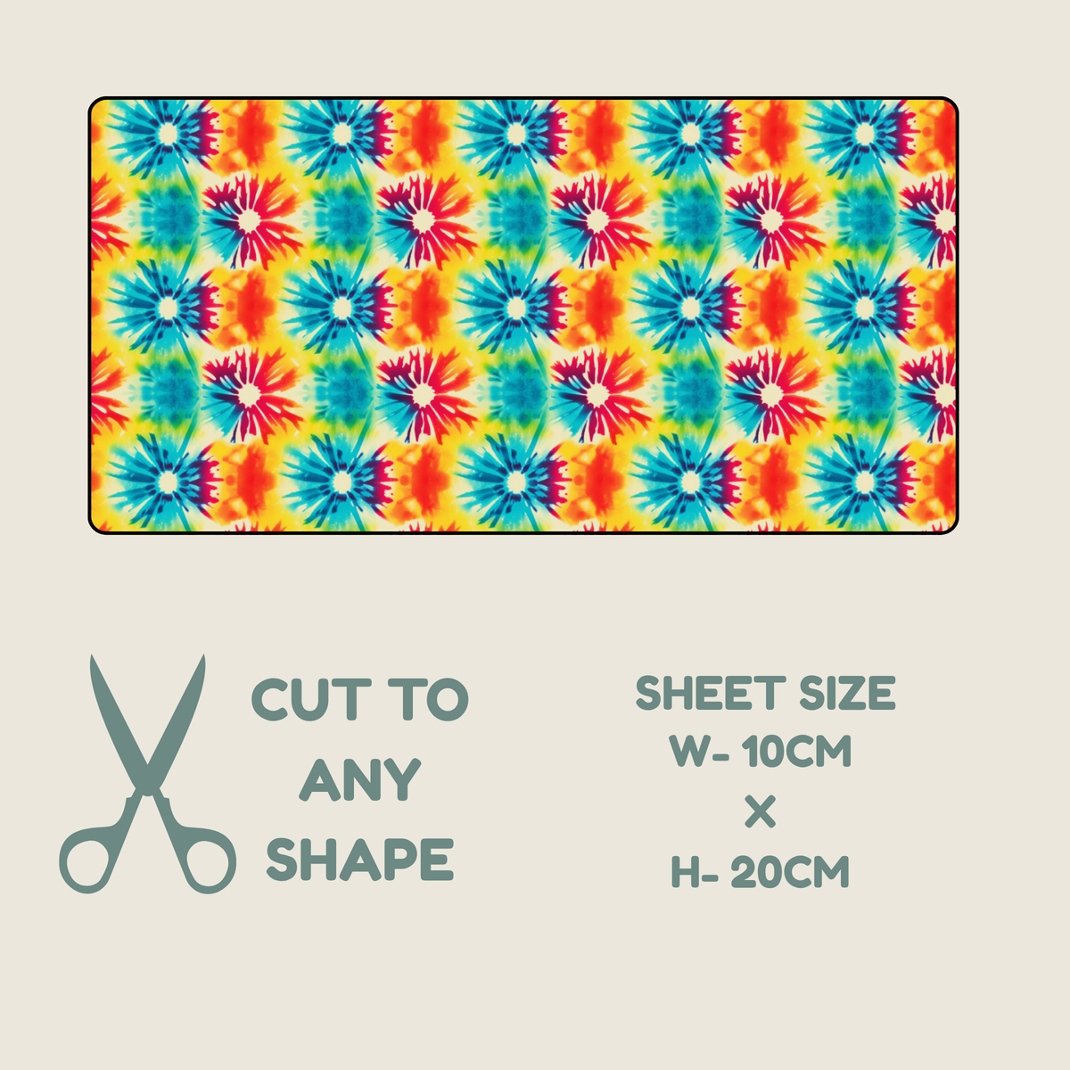 Tubie tape with a repeating tie-dye floral pattern featuring blue, red, orange, and yellow flower-like motifs on a bright yellow background.