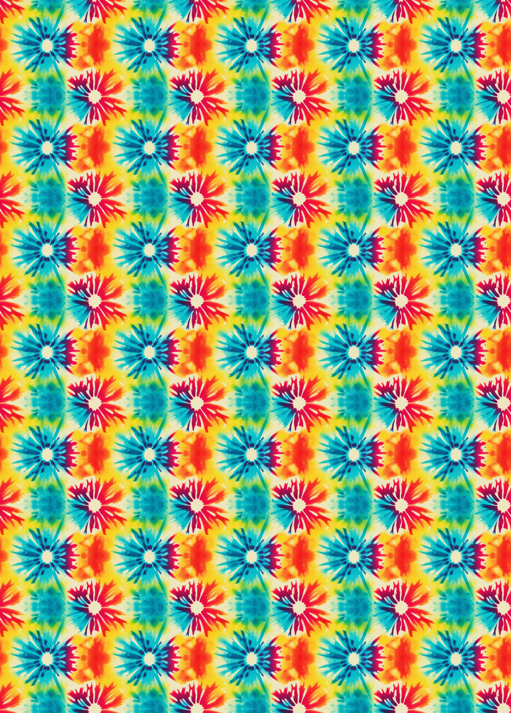 Tubie tape with a repeating tie-dye floral pattern featuring blue, red, orange, and yellow flower-like motifs on a bright yellow background.