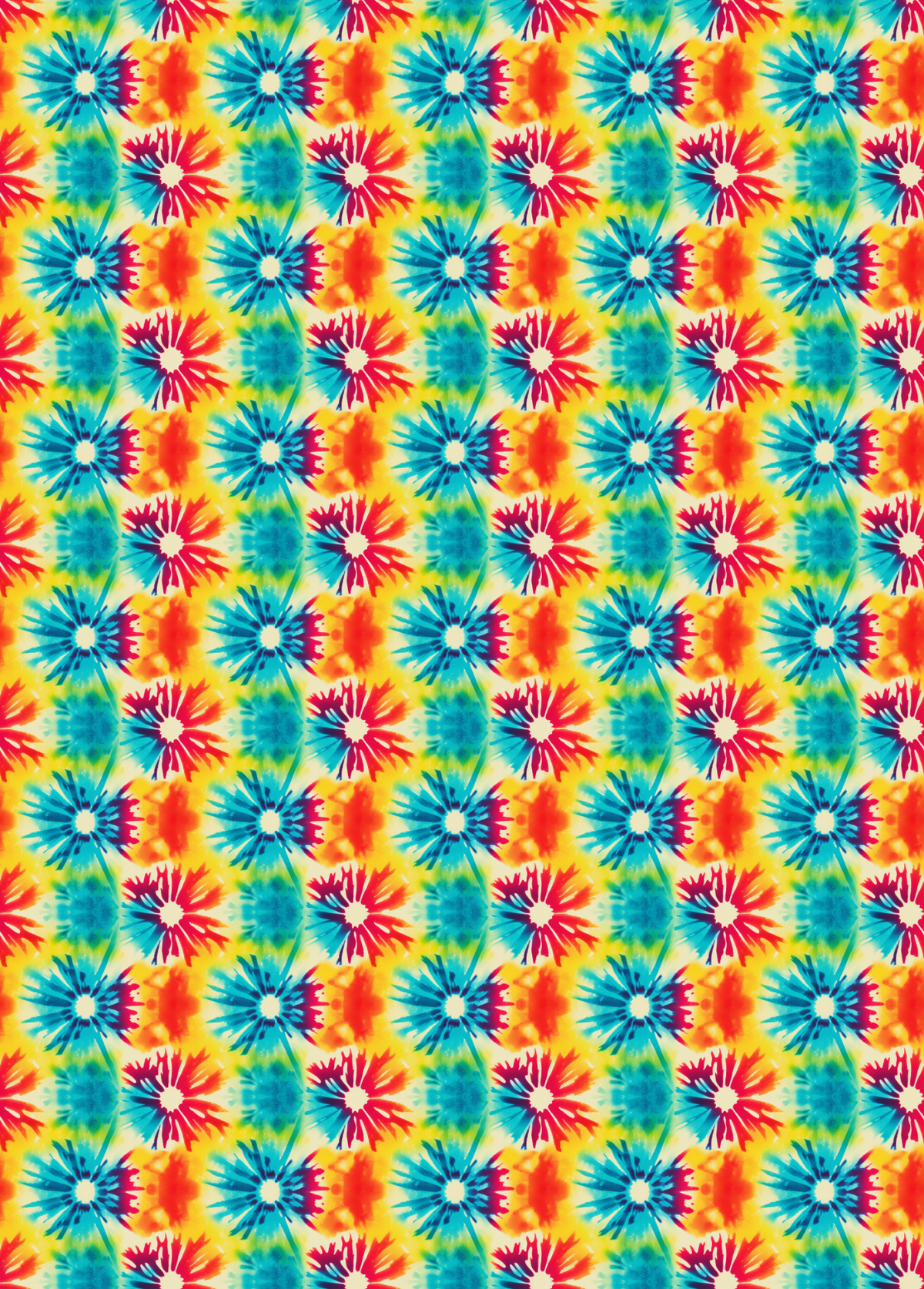 Tubie tape with a repeating tie-dye floral pattern featuring blue, red, orange, and yellow flower-like motifs on a bright yellow background.