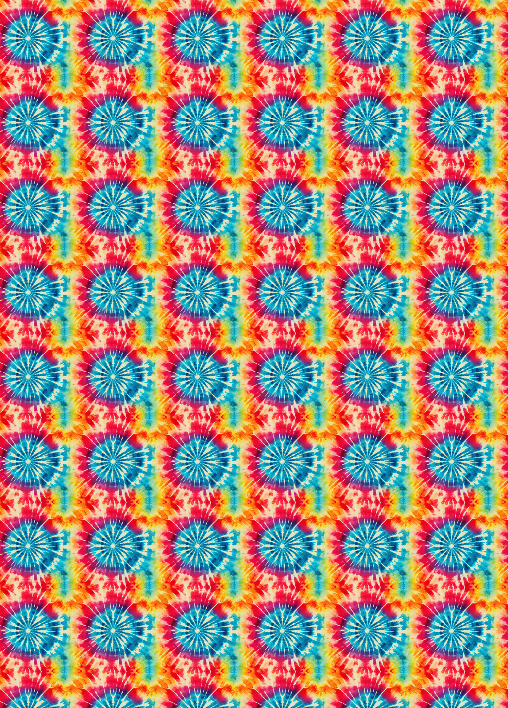 A colorful patterned tubie tape sheet with a repeating tie-dye style circular design in blue, pink, orange, and yellow, 