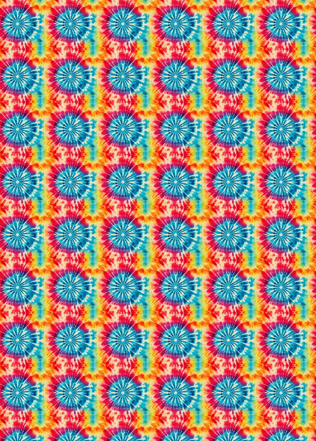 A colorful patterned tubie tape sheet with a repeating tie-dye style circular design in blue, pink, orange, and yellow, 