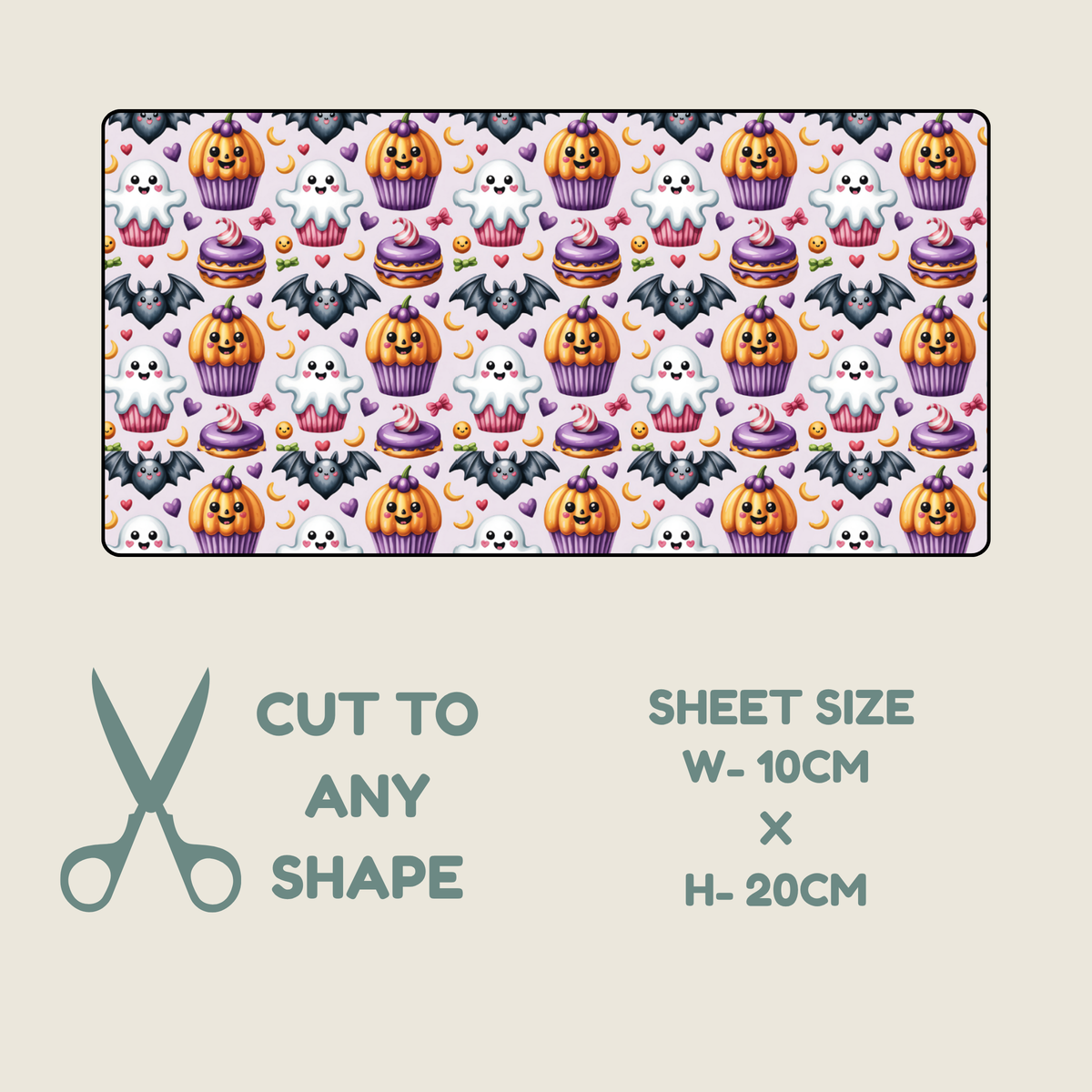 Tubie tape with a repeating Halloween pattern of jack-o'-lanterns, cupcakes, ghosts, and moons on a light background, shown above a beige panel with teal text reading 'CUT TO ANY SHAPE' and 'SHEET SIZE W-10CM X H-20CM'.