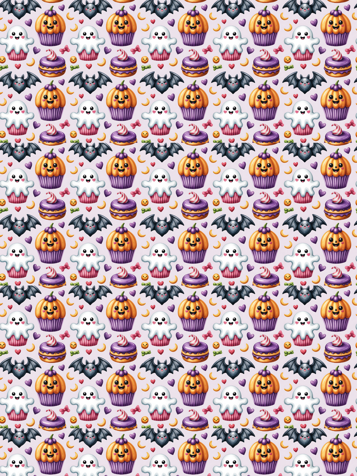 Tubie tape with a repeating Halloween pattern of jack-o'-lanterns, cupcakes, ghosts, and moons on a light background, 