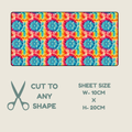 A colorful patterned tubie tape sheet with a repeating tie-dye style circular design in blue, pink, orange, and yellow, shown above text that reads 'CUT TO ANY SHAPE' and 'SHEET SIZE W-10CM X H-20CM' on a light beige background.
