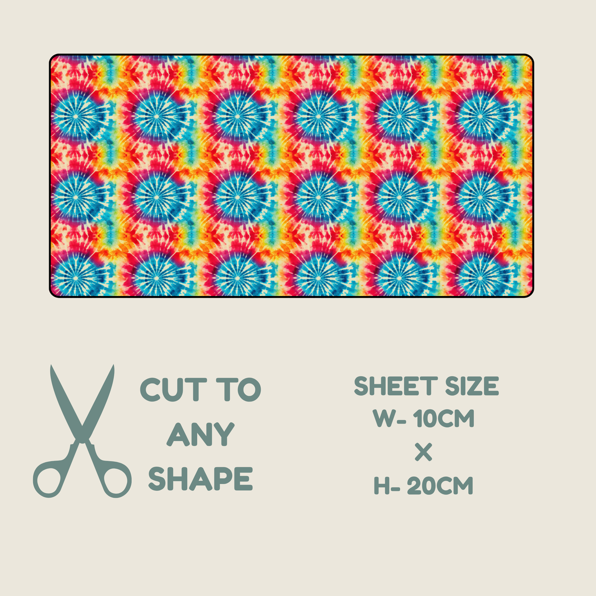 A colorful patterned tubie tape sheet with a repeating tie-dye style circular design in blue, pink, orange, and yellow, shown above text that reads 'CUT TO ANY SHAPE' and 'SHEET SIZE W-10CM X H-20CM' on a light beige background.
