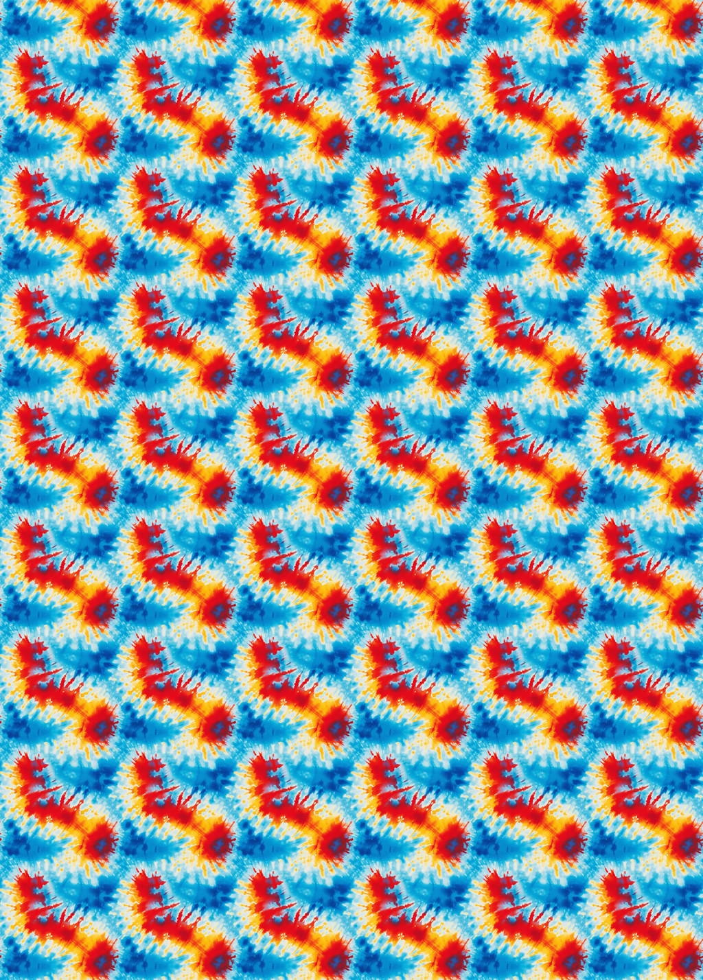 Tubie tape with a seamless tie-dye pattern featuring repeating S-shaped swirls of red, orange, yellow, and white on a vibrant blue background.