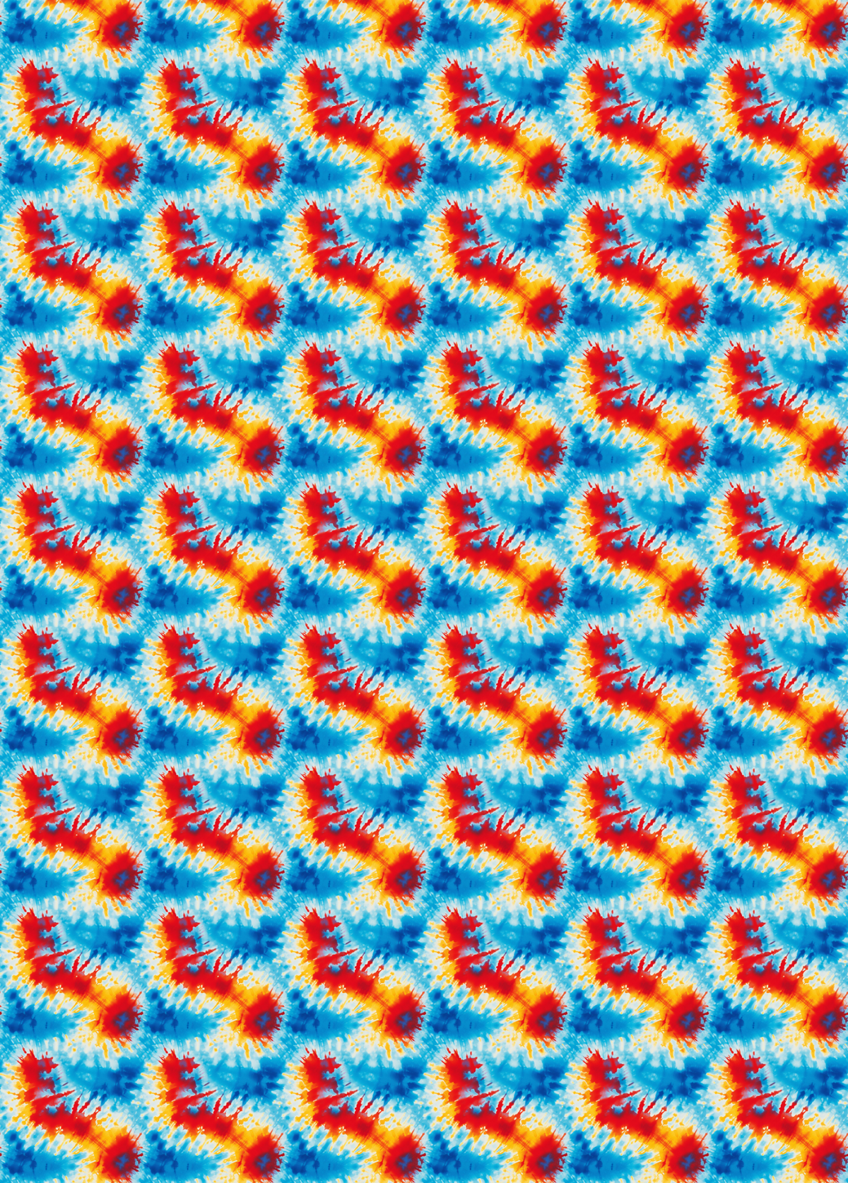 Tubie tape with a seamless tie-dye pattern featuring repeating S-shaped swirls of red, orange, yellow, and white on a vibrant blue background.