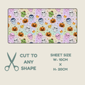  Tubie tape with a repeating Halloween print shown on a light beige background, with text below reading 'CUT TO ANY SHAPE' and 'SHEET SIZE W-10CM x H-20CM'. The pattern features cartoon pumpkins, ghosts, mummies, and candy corn in pastel colors.
 