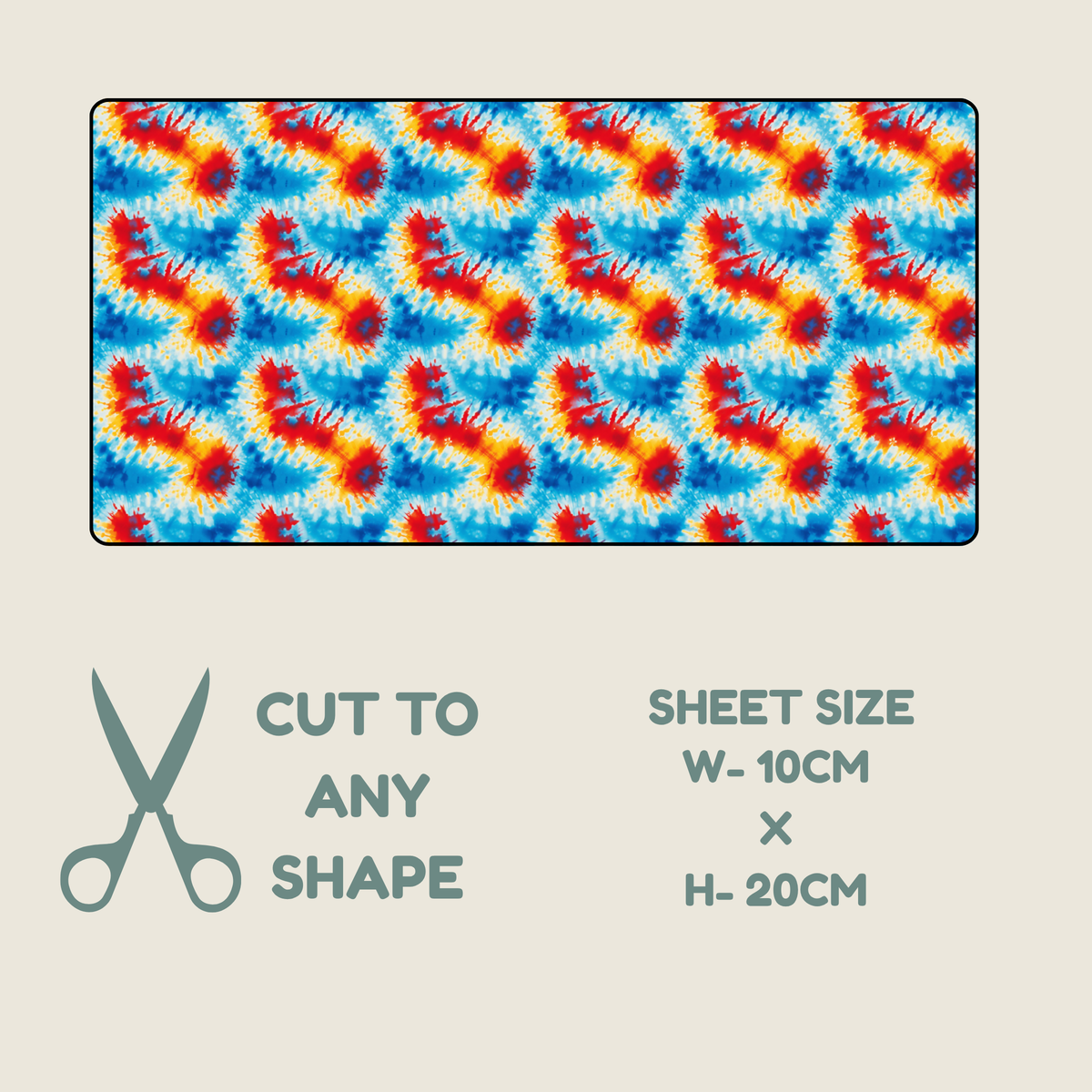 A fabric or material sample swatch with a black and mint green tie-dye pattern, shown on a light beige background with text reading 'CUT TO ANY SHAPE' and 'SHEET SIZE W-10CM x H-20CM' plus a scissors icon.