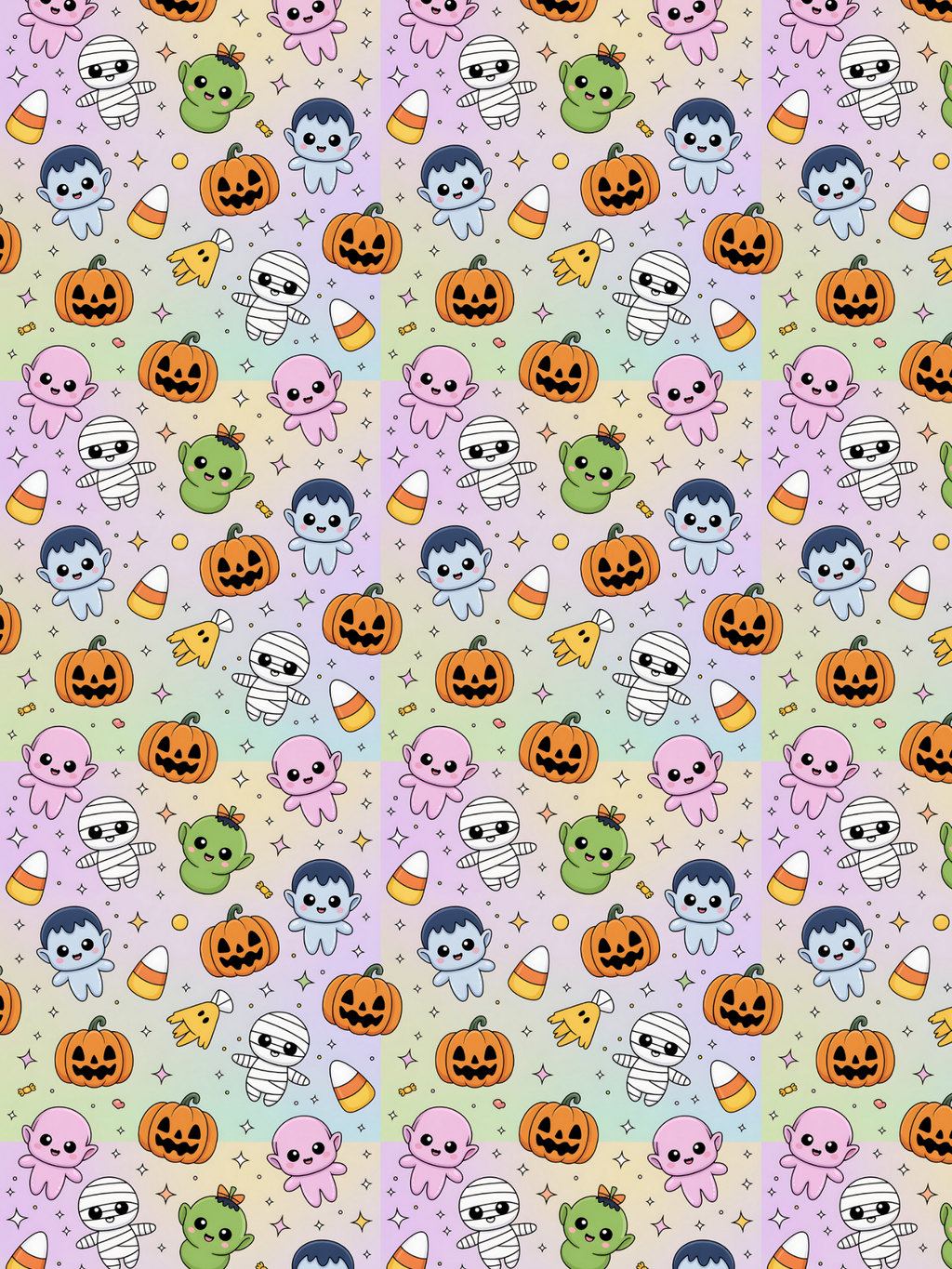 Tubie tape with a repeating Halloween-themed pattern with cartoon pumpkins, candy corn, ghosts, mummies, and small stars on pastel purple, blue, green, and yellow vertical panels.