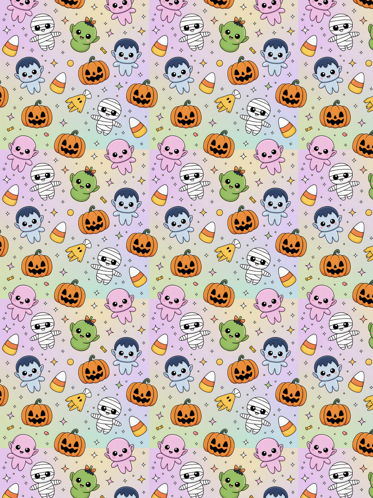 Tubie tape with a repeating Halloween-themed pattern with cartoon pumpkins, candy corn, ghosts, mummies, and small stars on pastel purple, blue, green, and yellow vertical panels.