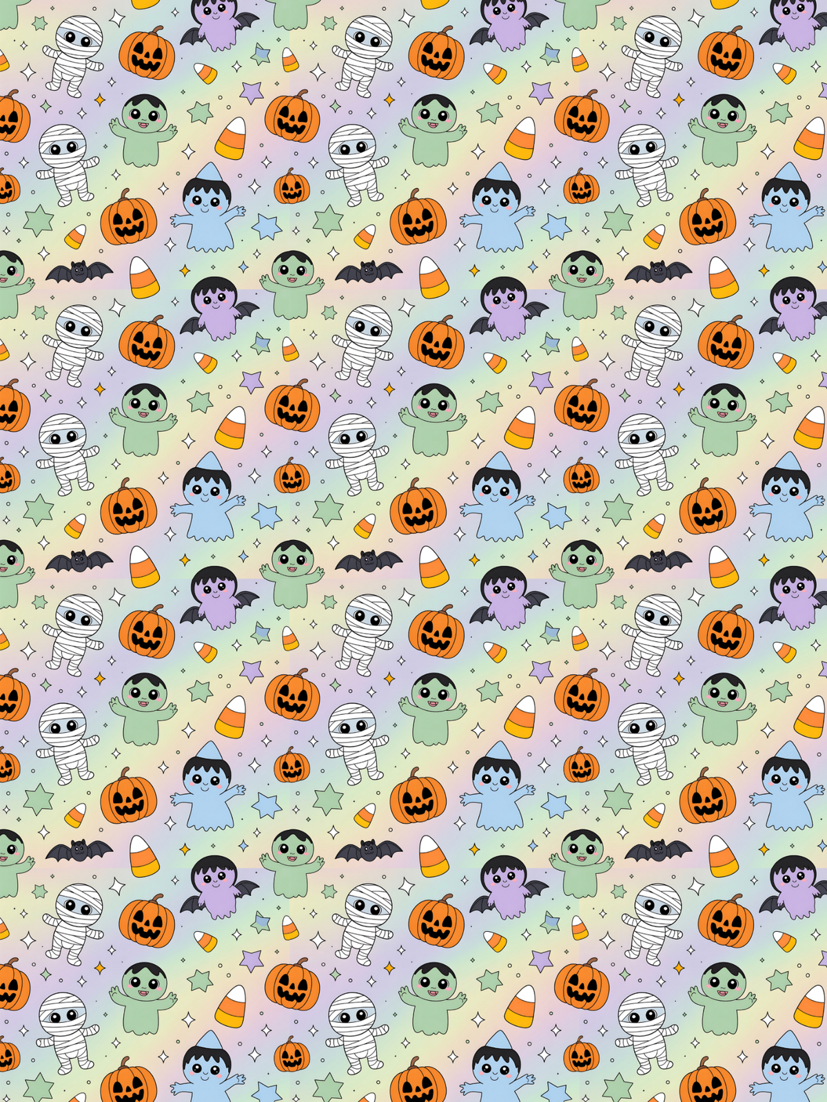 Tubie tape with a repeating Halloween pattern of cartoon ghosts, pumpkins, bats, candy corn, and stars on a pale lavender background,