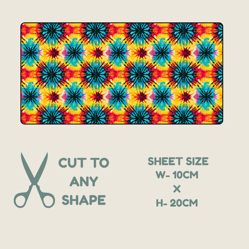 A rectangular tubie tape with a colorful repeating starburst pattern in red, orange, yellow, blue, and purple, shown on a light beige background with text reading 'CUT TO ANY SHAPE' and 'SHEET SIZE W-10CM X H-20CM'.