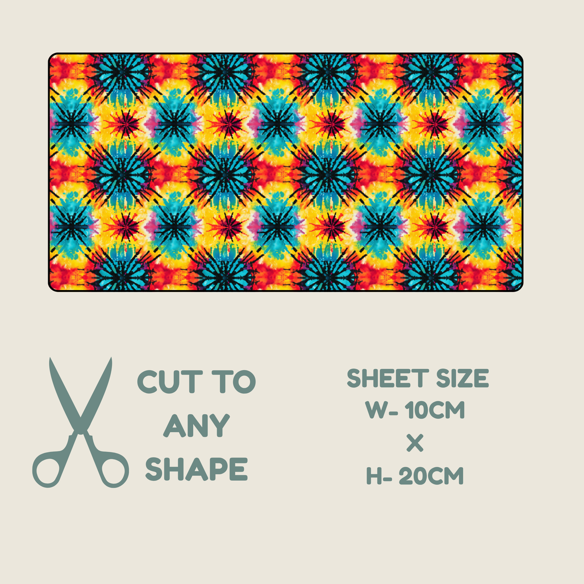 A rectangular tubie tape with a colorful repeating starburst pattern in red, orange, yellow, blue, and purple, shown on a light beige background with text reading 'CUT TO ANY SHAPE' and 'SHEET SIZE W-10CM X H-20CM'.