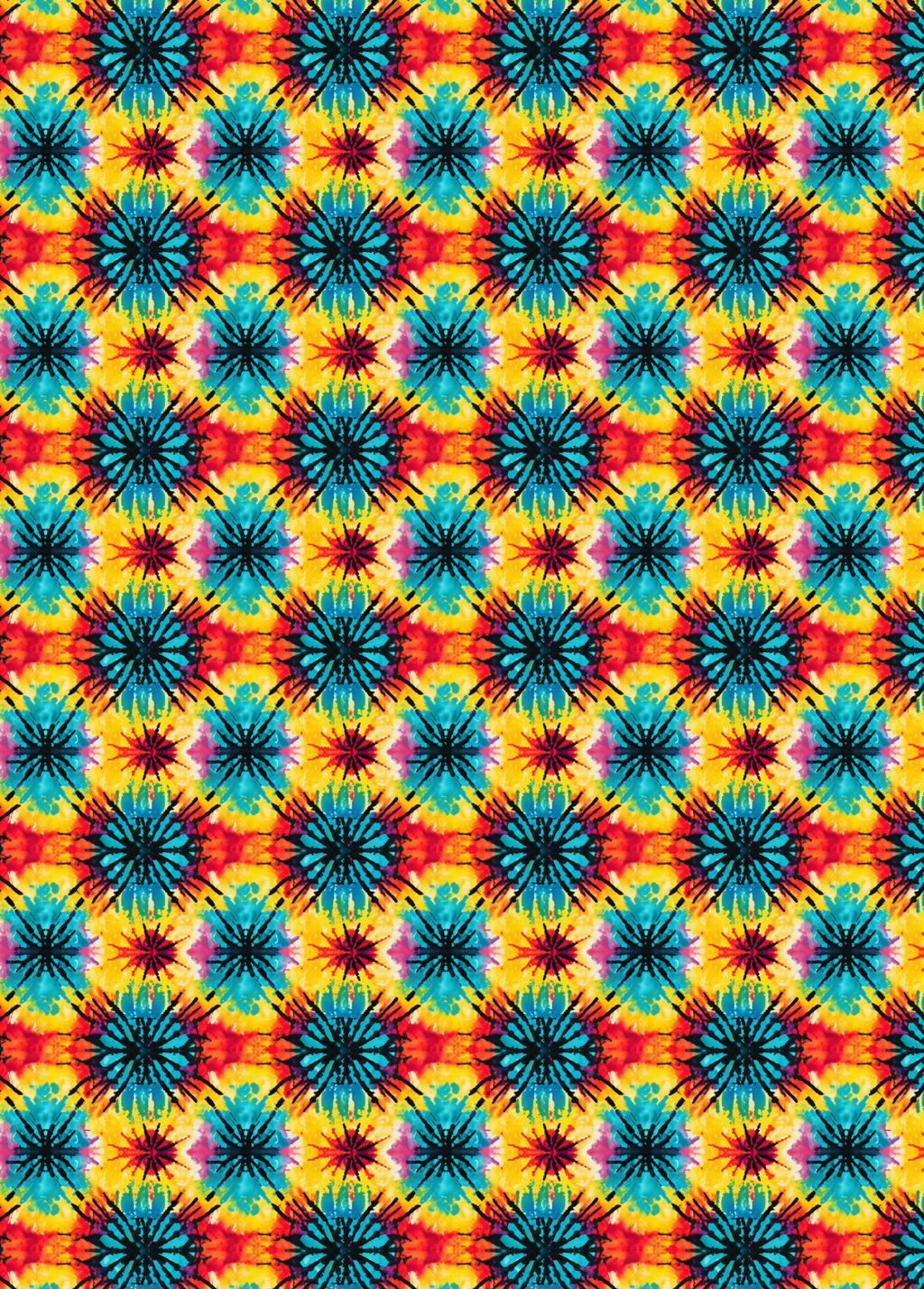 A rectangular tubie tape with a colorful repeating starburst pattern in red, orange, yellow, blue, and purple,