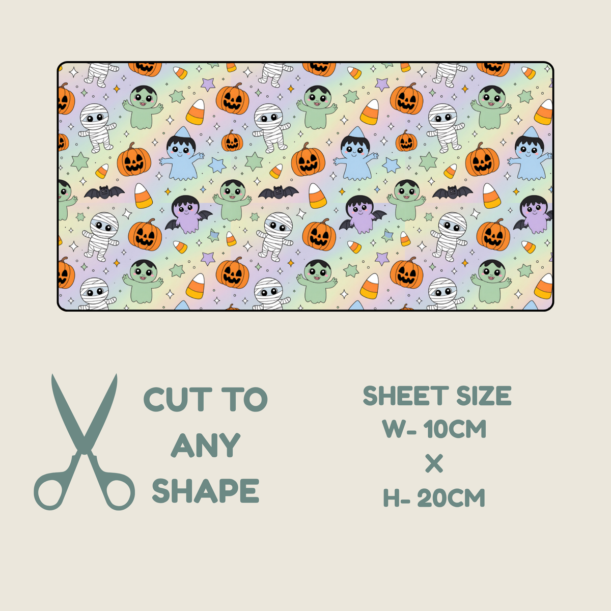 Tubie tape with a repeating Halloween pattern of cartoon ghosts, pumpkins, bats, candy corn, and stars on a pale lavender background, shown with text below reading 'CUT TO ANY SHAPE' and 'SHEET SIZE W-10CM X H-20CM' on a light beige background.