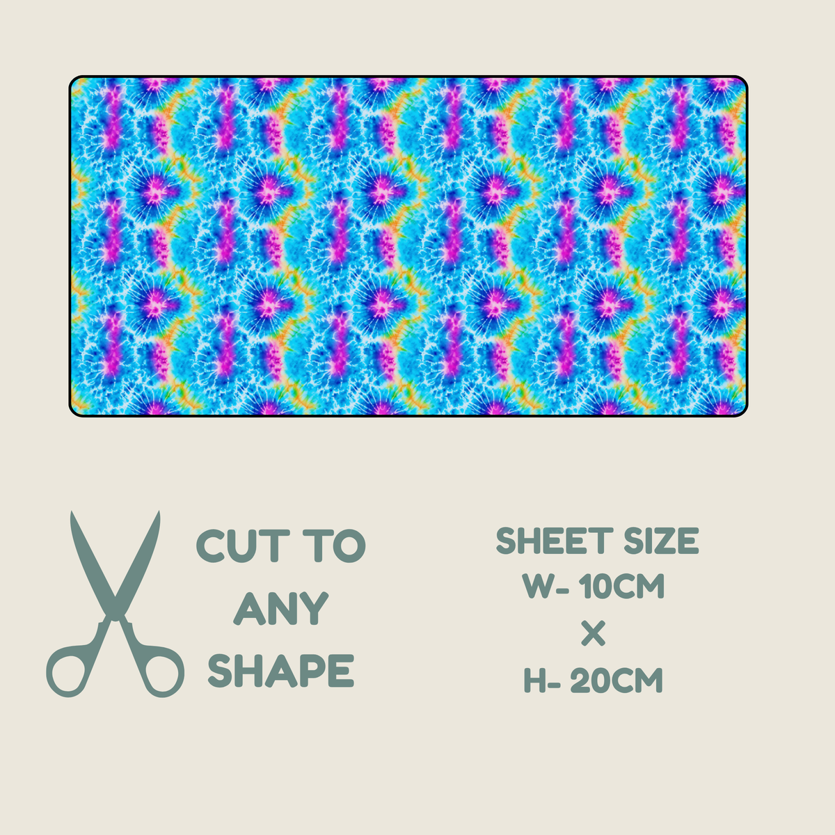 
A tubie tape swatch with a colorful tie-dye style pattern in blue, pink, purple, and yellow, shown above text stating 'CUT TO ANY SHAPE' and 'SHEET SIZE W-10CM x H-20CM' on a light beige background.
