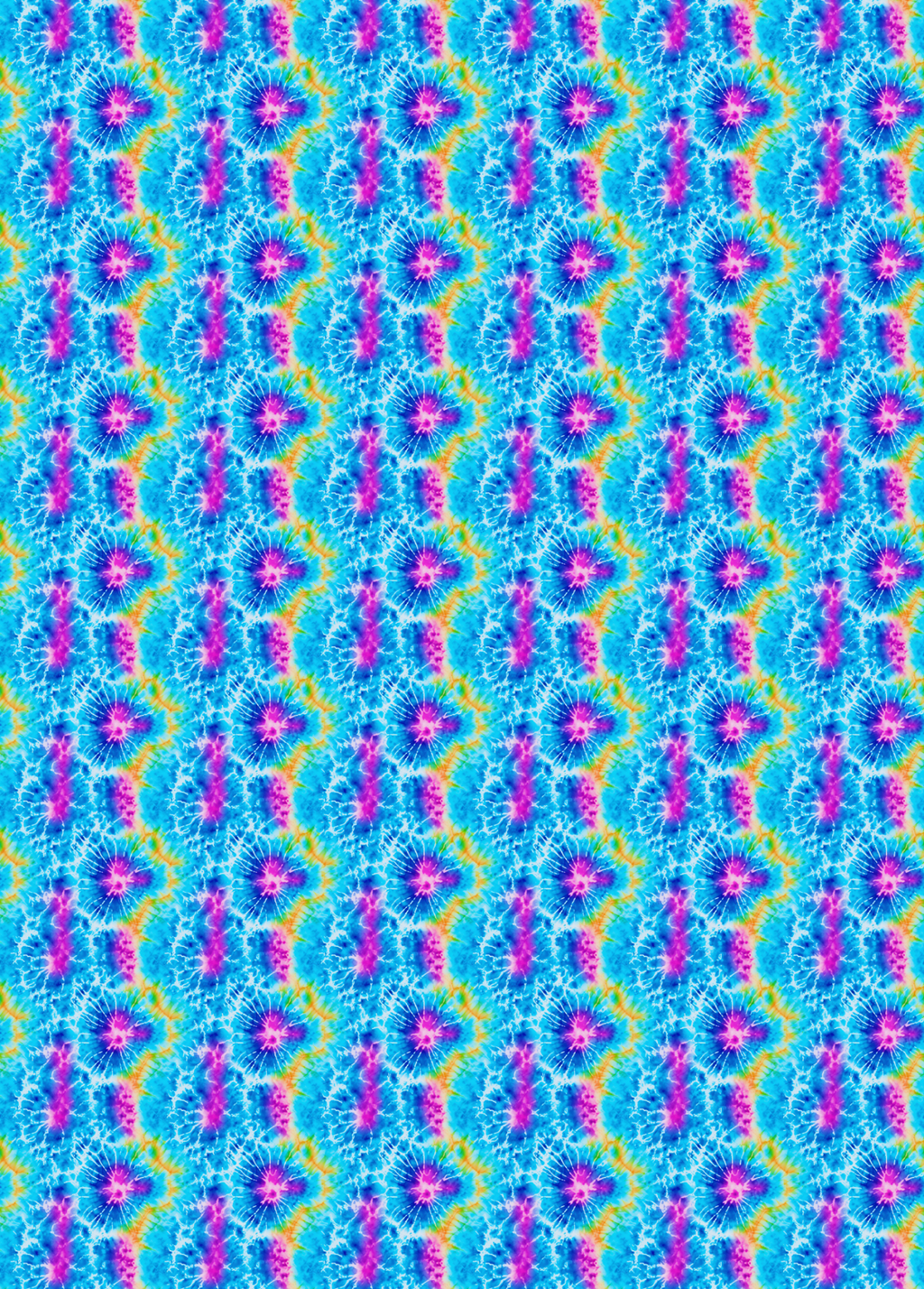 Tubie tape with a seamless tie-dye pattern featuring bright blue, magenta pink, and yellow spiral motifs arranged in vertical columns.