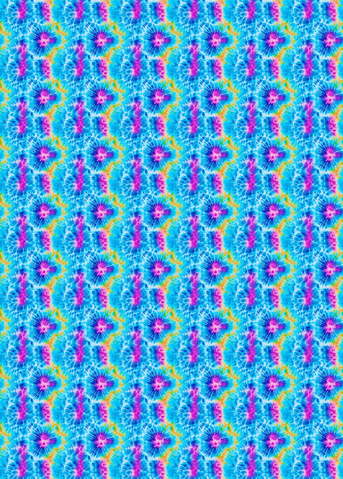 Tubie tape with a seamless tie-dye pattern featuring bright blue, magenta pink, and yellow spiral motifs arranged in vertical columns.