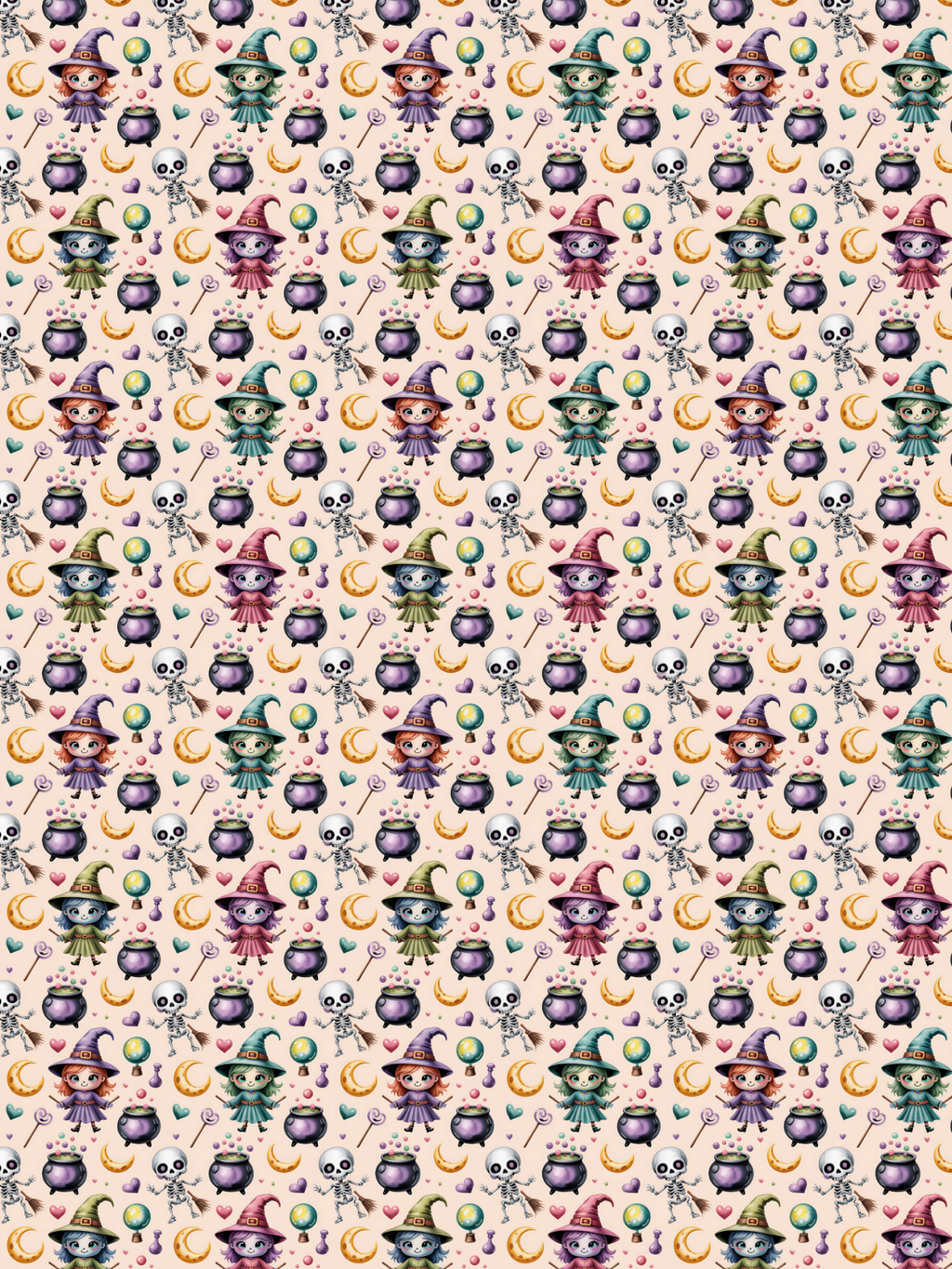 A product graphic showing a Tubie tape with a repeating pattern of witches, cauldrons and skeletons on a pale pink background
