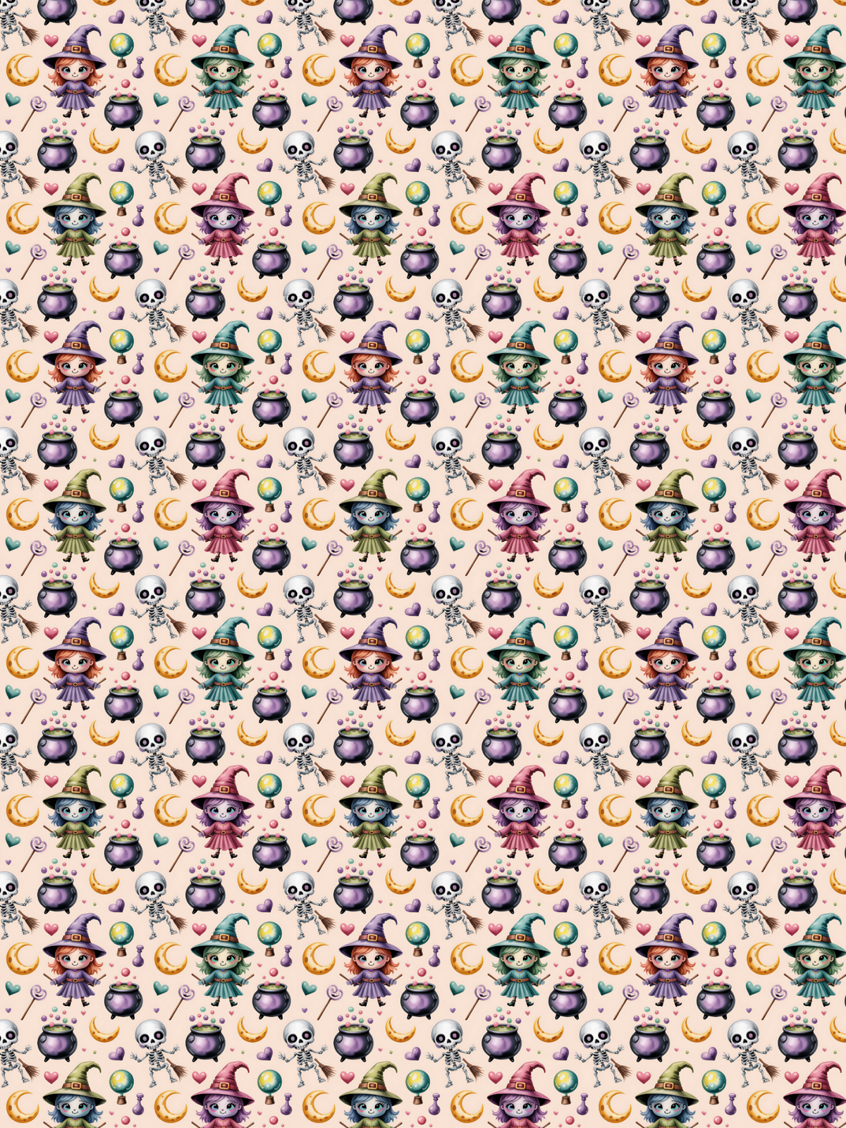 A product graphic showing a Tubie tape with a repeating pattern of witches, cauldrons and skeletons on a pale pink background