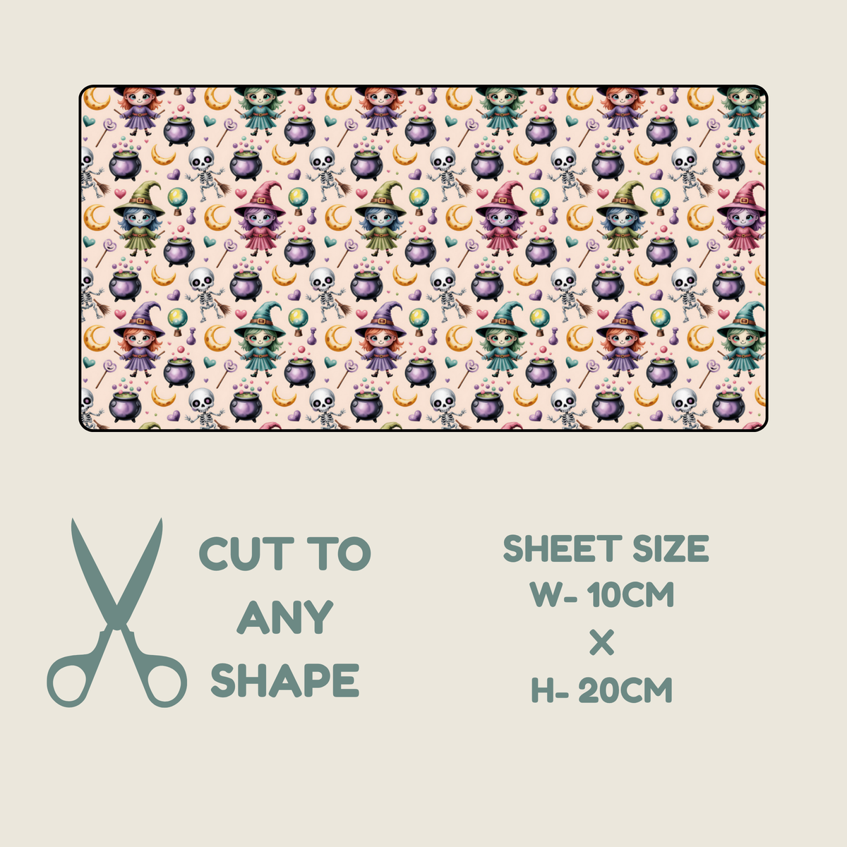 A product graphic showing a Tubie tape with a repeating pattern of witches, cauldrons and skeletons on a pale pink background