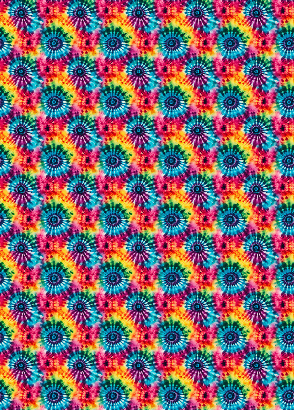 tubie tape with a  seamless repeating pattern of vibrant tie-dye spiral motifs in rainbow colors including pink, orange, yellow, green, blue, and purple.