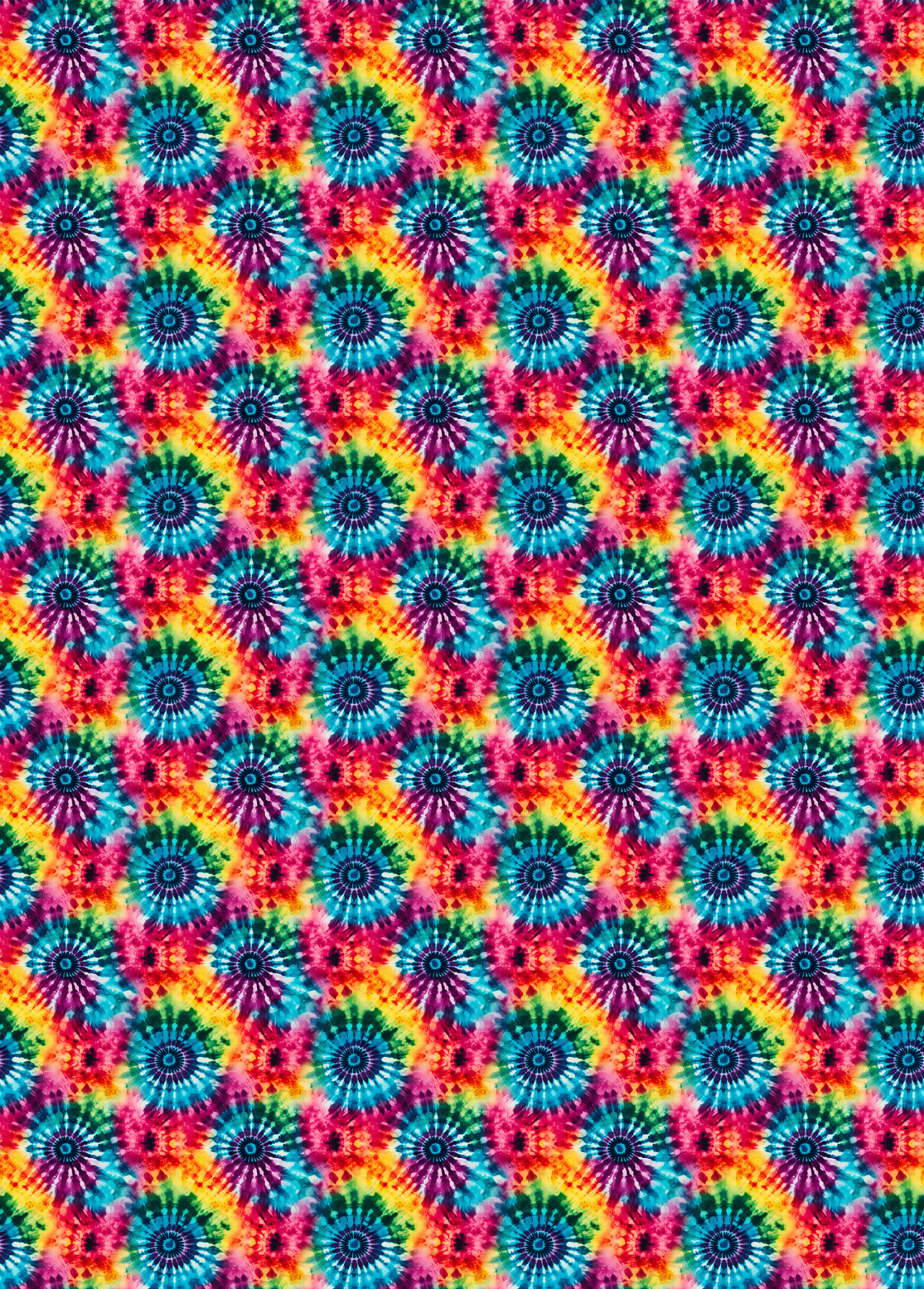tubie tape with a  seamless repeating pattern of vibrant tie-dye spiral motifs in rainbow colors including pink, orange, yellow, green, blue, and purple.