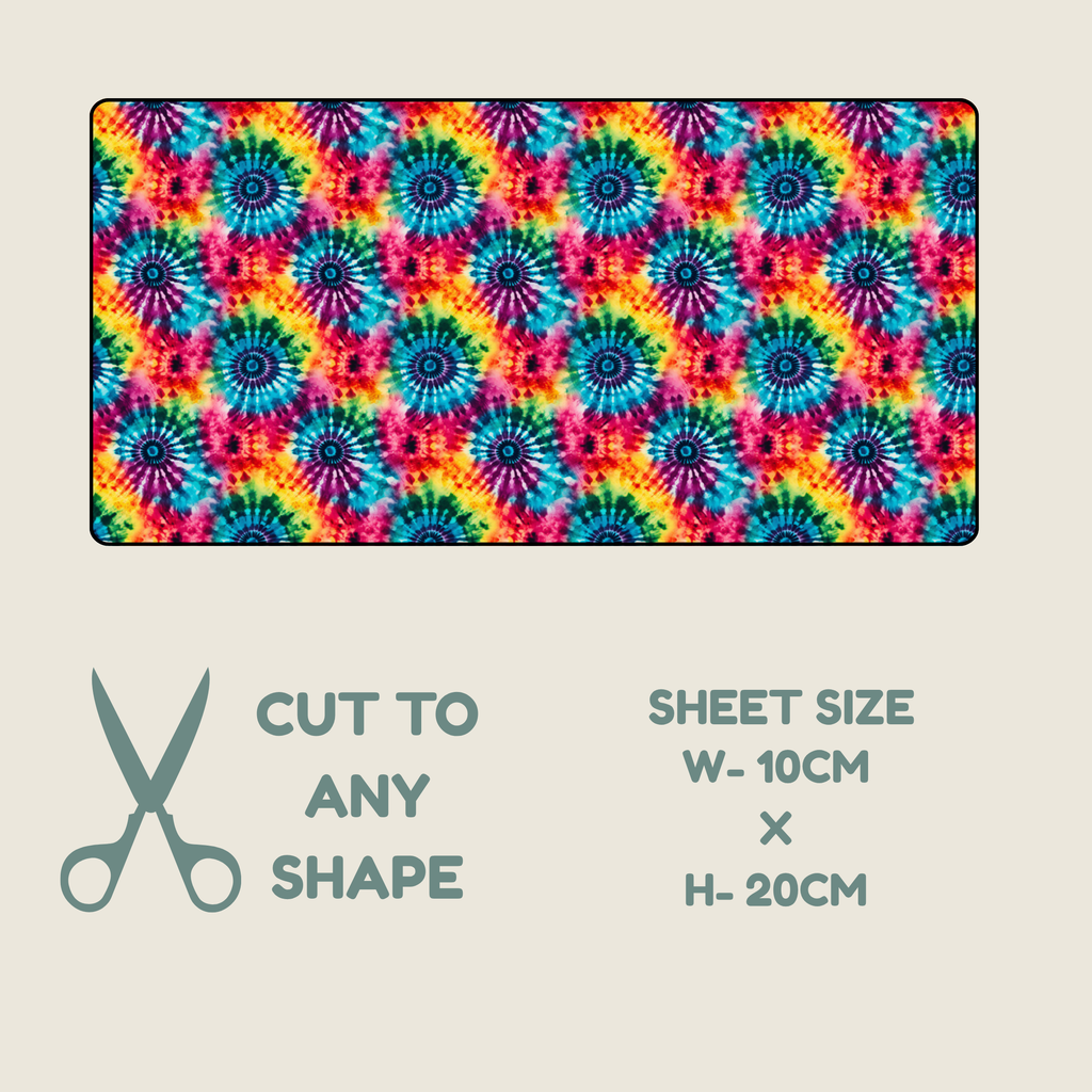 tubie tape with a  repeating tie-dye floral design in blue, pink, orange, yellow, and green, shown on a light beige background with text reading 'CUT TO ANY SHAPE', 'SHEET SIZE W-10CM x H-20CM', and a scissors icon.