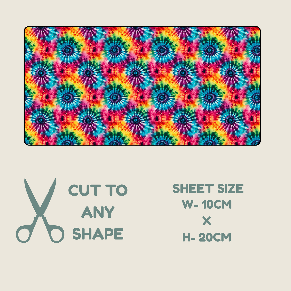 tubie tape with a  repeating tie-dye floral design in blue, pink, orange, yellow, and green, shown on a light beige background with text reading 'CUT TO ANY SHAPE', 'SHEET SIZE W-10CM x H-20CM', and a scissors icon.