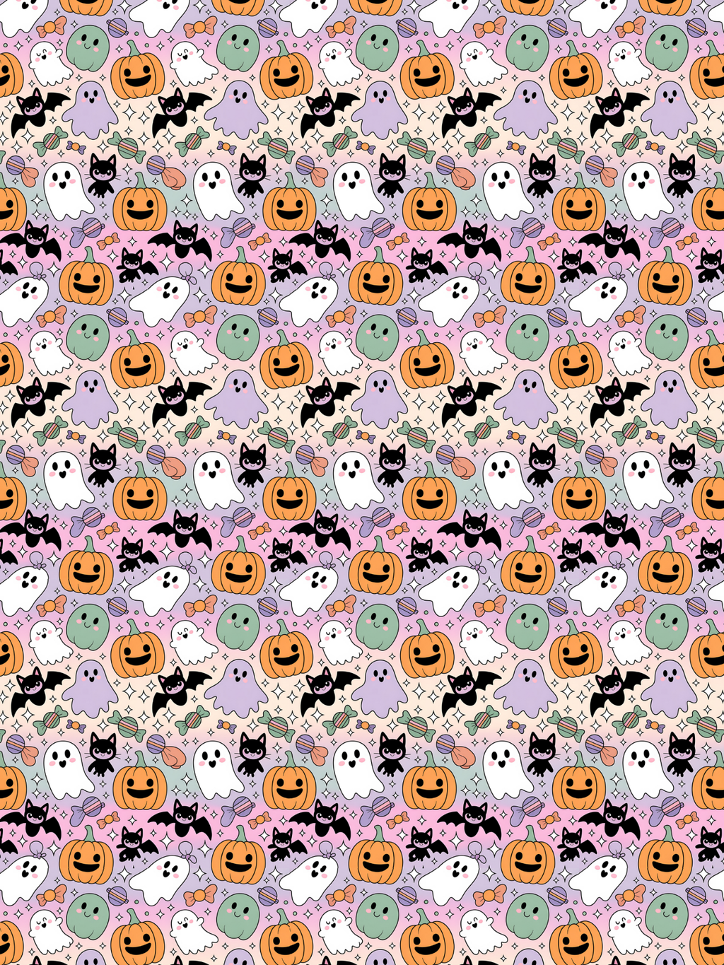 Tubie tape with a repeating  Halloween pattern featuring orange jack-o'-lanterns, white and purple ghosts, black bats, and small green ghosts on a light pink background.