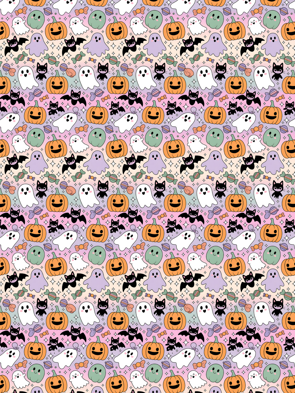 Tubie tape with a repeating  Halloween pattern featuring orange jack-o'-lanterns, white and purple ghosts, black bats, and small green ghosts on a light pink background.