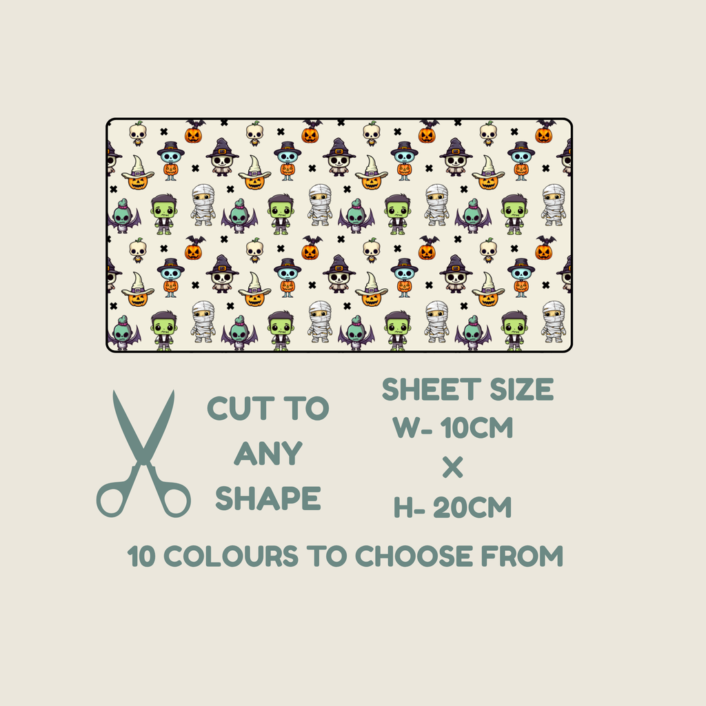 A tubie tape sheet preview with a Halloween-themed repeating pattern of cartoon ghosts, pumpkins, witches, and skeletons on a light beige background. Text below reads 'CUT TO ANY SHAPE', 'SHEET SIZE W- 10CM x H- 20CM', and '10 COLOURS TO CHOOSE FROM', with a scissors icon.